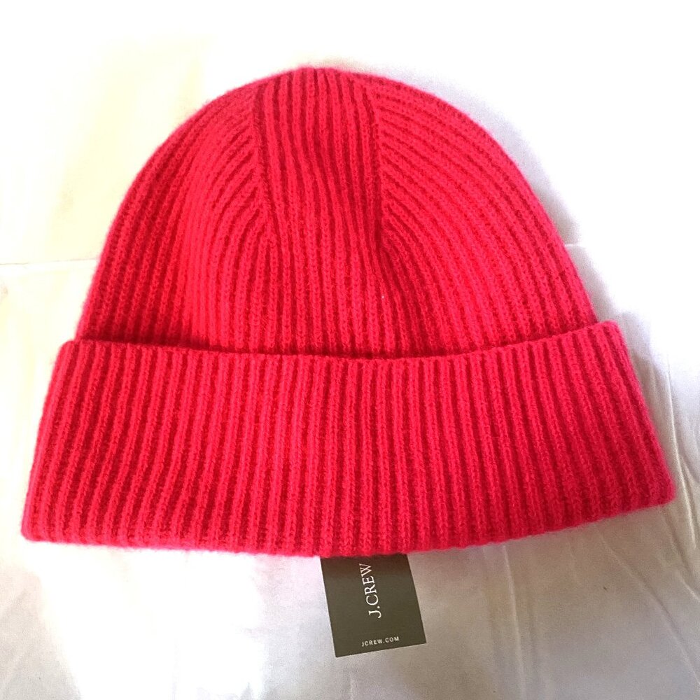 NEW J. CREW 100% CASHMERE BRIGHT PINK RIBBED CUFF BEANIE ONE SIZE   SIZE: ONE SI
